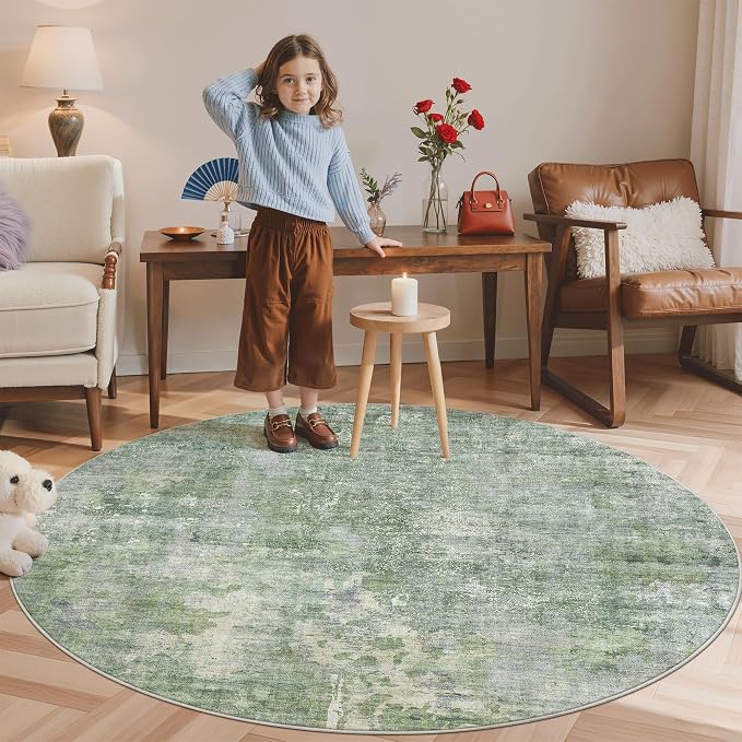 Soalmost 5x5 Green/Ivory Round Rug 5ft Living Room Circle Rug Vintage Round Area Rug Non Slip Indoor Carpet for Entryway Dining Room Bedroom