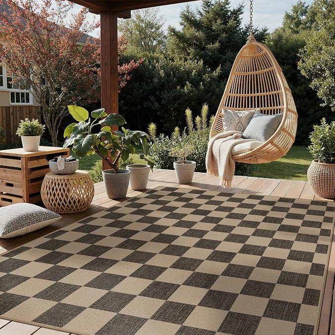 GENIMO Indoor Outdoor Area Rug 8'x10', Checkered Easy Jute Rug Machine Washable, Easy-Cleaning, Non Slip Plaid Outdoor Carpet for Patio, Living Room, Backyard, Porch, Deck, Balcony
