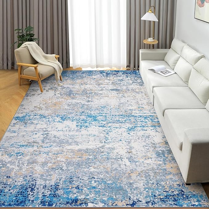 ROYHOME Modern Abstract Area Rug 3x5 Non Slip Non Shedding Rug Low Pile Stain Resistant for Bedroom Living Room,Blue/Grey
