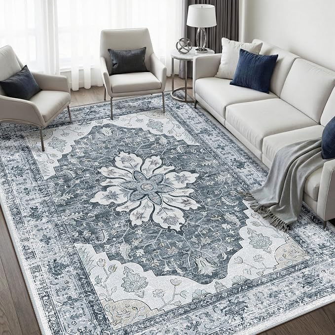 RELEANY Area Rugs 5'x7' Washable Non-Slip, Floral Vintage Distress Medallion Carpet for Living Room Bedroom Dining Room, Light Gray Grey White
