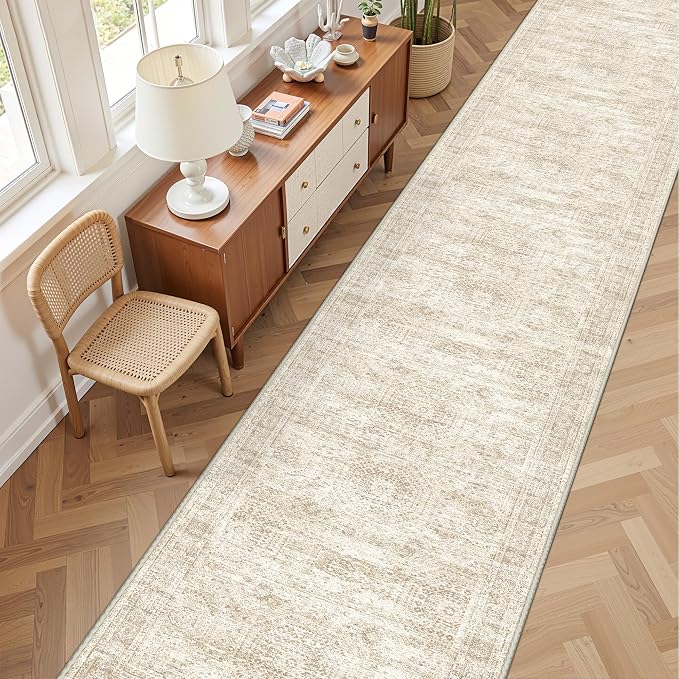 3x14 Runner Rug Non Slip,Washable Hallway Runner Rug,Beige | 14 ft Runner Rug for Hallway,Entryway,Bedroom,Living Room,Thin,Soft, Extra Long Rug,Stain Resistant Indoor Carpet