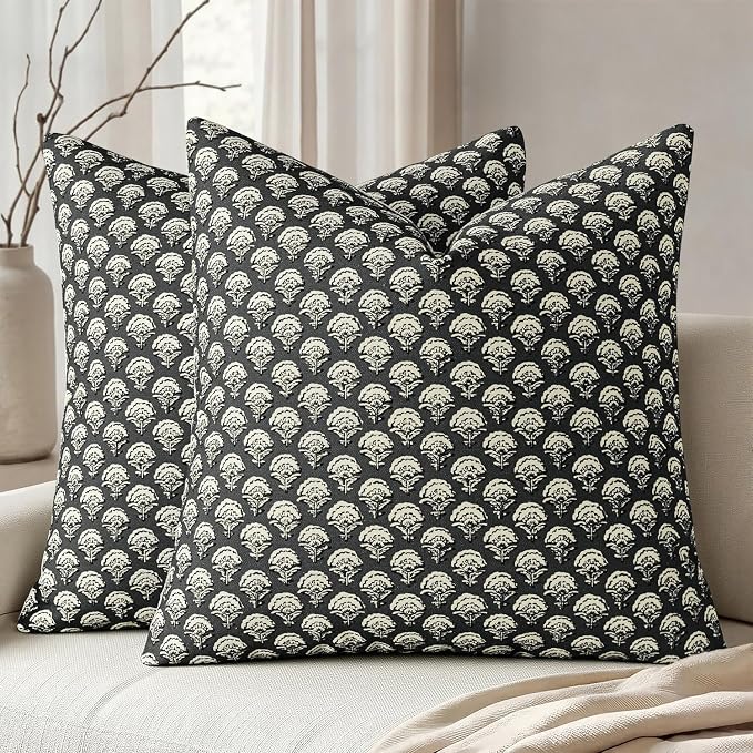 MIULEE Set of 2 Decorative Floral Pillow Covers Neutral Vintage Fall Throw Pillows Block Print Boho Farmhouse Cushion Covers for Modern Spring Home Decor Couch Sofa Bed Living Room, 20x20 Inch, Black
