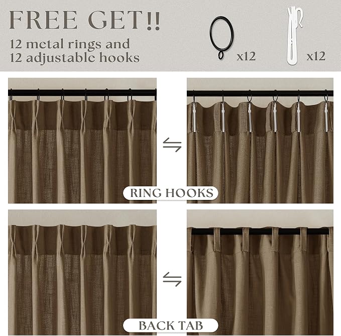 Dutch Cocoa Pinch Pleat Linen Curtains 92 Inches Long 60 Inch Wide 1 Panel | Light Filtering Semi Sheer Privacy, 400GSM Fabric Memory Shape, Pinch Pleated, for Sliding Door Living Room Bedroom, W60xL92