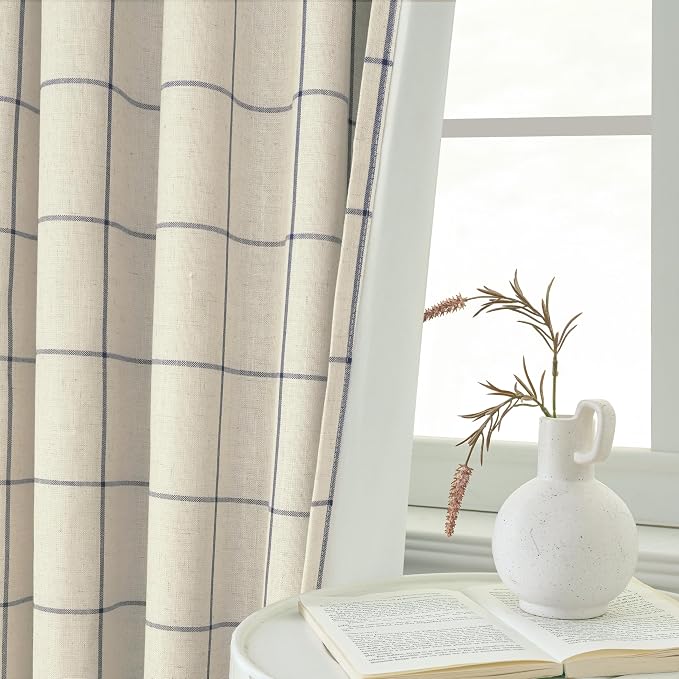DriftAway 100% Blackout Plaid Curtains 84 Inches Long 2 Panels Navy Blue | 100% Blackout, Linen Texture, Plaid Pattern, Two Layers, Rod Pocket & Back Tab, Bedroom Living Room Use, Luxury Appearance