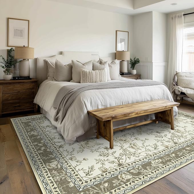 Greyish Beige Floral Rug 5x7 Machine Washable Area Rug for Living Room Vintage Boho Farmhouse Low Pile Distressed Carpet for Dining Room, Bedroom Indoor Non-Slip Tan Taupe Flower Design Home Decor