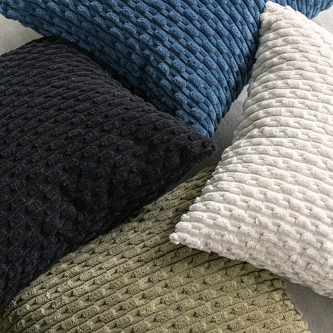Set of 4 Black Decorative Throw Pillow Covers 22x22 Inch Corduroy Pillow Covers for Bed Couch Sofa Living Room Soft Square Cushion Cases