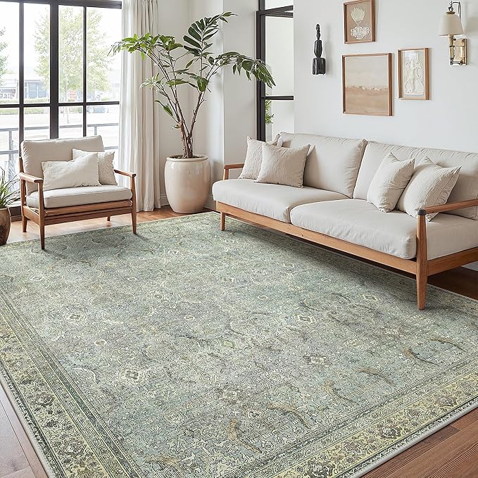 BESBLEE 8X10 Area Rugs Machine Washable Rugs for Living Room, Vintage Boho Large Rugs for Bedroom Dining Room, Non Slip Indoor Soft Distressed Lightweight Thin Low Pile Carpet, Dusty Ocean