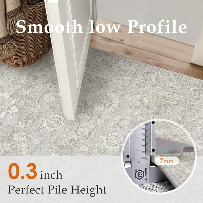 2x3 Grey Washable Area Rug for Entryway Neutral Floral Soft Non Slip Small Carpet Low Pile Distressed Door Mat for Entrance Bathroom Bedroom Indoor