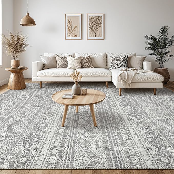 Tortania Area Rug Living Room Rugs - 8x10 Washable Large Soft Neutral Boho Moroccan Bohemian Farmhouse Rug Indoor Floor Carpet for Bedroom Under Dining Table Home Office Decor - Neutral Grey