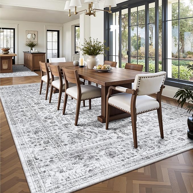8x10 Area Rugs for Living Room, Washable Vintage Retro Floral Rug, Low Pile Non Slip Distressed Large Carpet for Bedroom, Dining Room, Office, Home (Vintage Black)