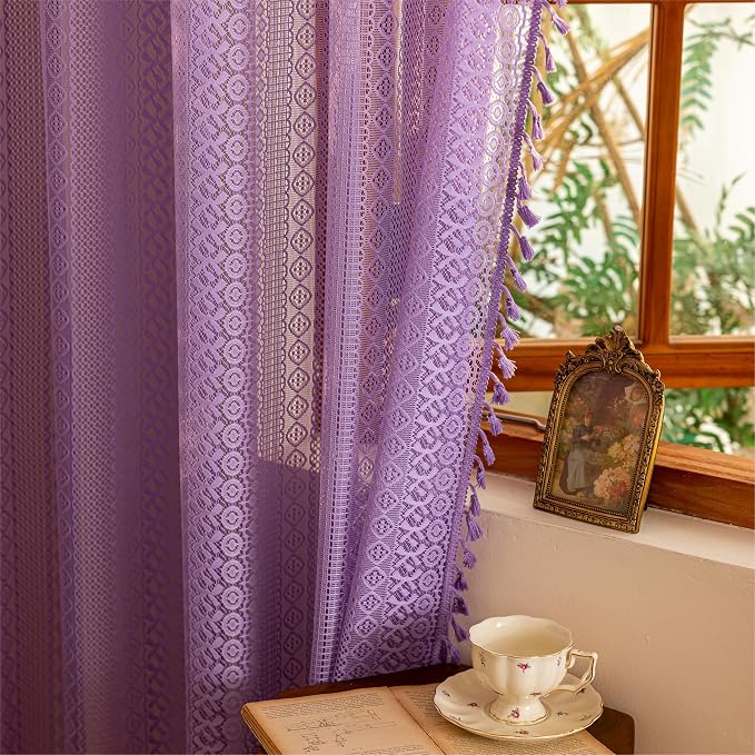 Sutuo Home Lavendar Boho Lace Curtains 72 inch Lengh for Nursery Bedroom, Purple Sheer Curtains Privacy Crochet Vintage Chic Tassels Bohemian Window Treatments Geometry Rod Pocket, 2 Panels 50" W