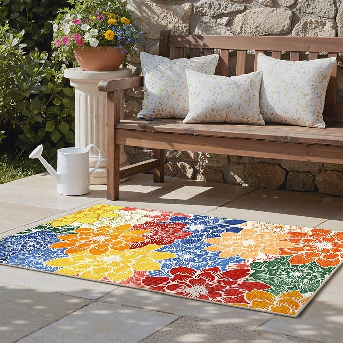 GENIMO Indoor Outdoor Area Rug for Entryway, 2'x3' Entry Rugs Door Mat, Machine Washable, Waterproof, Non-Slip, Easy Cleaning, Floral Outdoor Carpet for Patio Balcony Bedroom Kitchen, Colorful