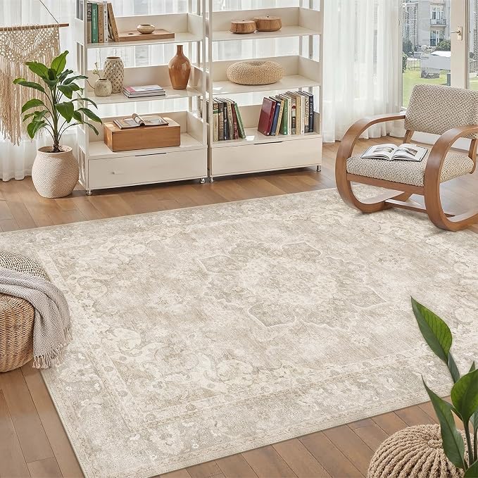 PureCozy 3x5 Washable Small Area Rug Beige Vintage Oriental Medallion | Non Slip, Soft Low Pile, Indoor Carpet for Entryway, Kitchen, Bathroom, Retro Decor