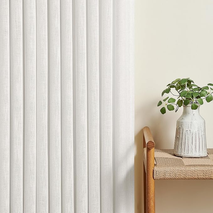 Beige White 72 Inch Pinch Pleated Linen Semi Sheer Curtains 2 Panels 40x72 | Memory Shape Trained, for Living Room Bedroom Cabin Closet, 400GSM Linen Textured, Pinch Pleat with Hooks Rings Back Tab