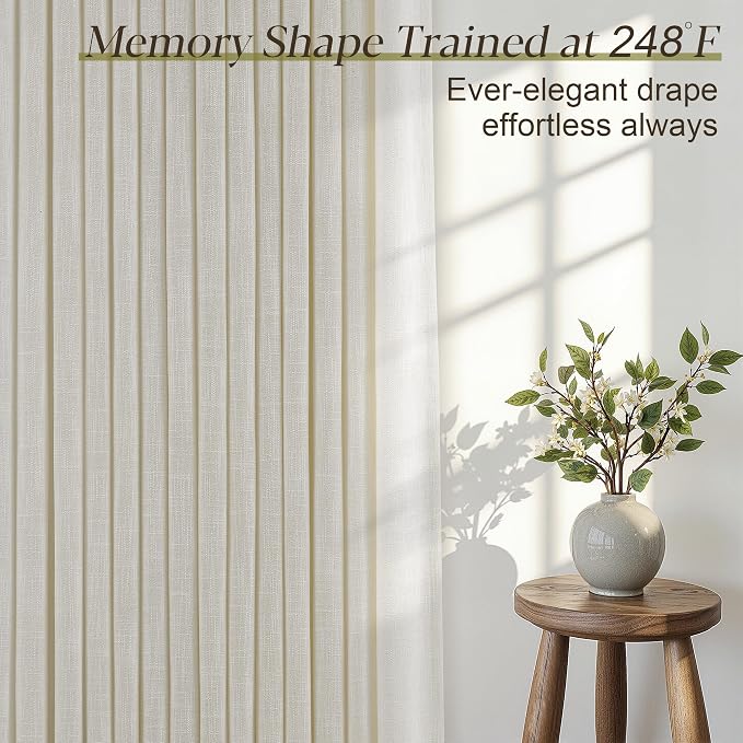 Pinch Pleated Thick Linen Curtains 96 Inch Length 2 Panels Set for Living Room Warm Beige Neutral Pleated Curtains Semi Sheer Light Filtering Privacy Bedroom Window Drapes