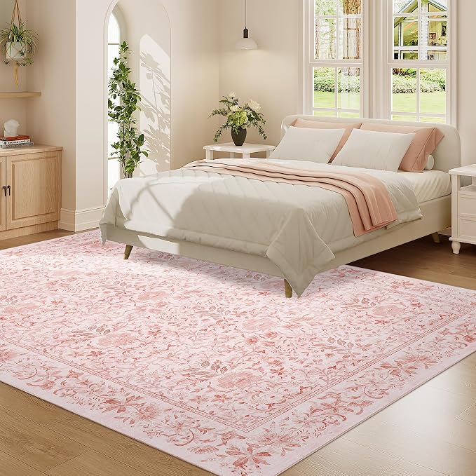 DUKINO 6x9 Area Rug, Vintage Floral Washable Rugs for Living Room, Pink | Non Slip, Low Pile, Non-Shedding, Soft Indoor Large Carpet for Bedroom, Office, Dining Room, Farmhouse, Nursery, Home Decor