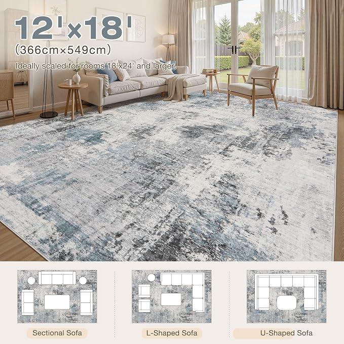 Abstract 12x18 Area Rug: Machine Washable Non Slip Ultra Thin Low-Pile Carpet, Soft Stain Resistant for Living Room Bedroom Office, Kid Pet Friendly, Robot Vacuum Compatible - Grey Blue