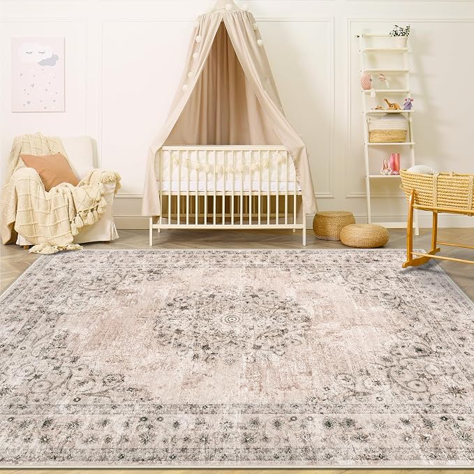 Area Rug 4x6 Vintage Rug: Washable Indoor Medallion Rugs Low Pile Distressed Floor Carpet Retro Accent Rug for Living Room Bedroom Kitchen Dining Table Home Office(Distressed Brown, 4'x6')