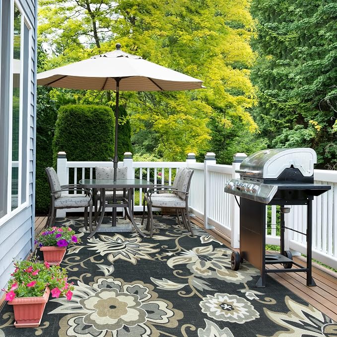 Lahome Floral Indoor Outdoor Rugs, 6x9ft Non Slip Outdoor Patio Rug for Deck Backyard, Soft Outdoor Area Rug for Camping Picnic Backyard, Washable RV Outdoor Rugs for Living Room Bedroom,Black