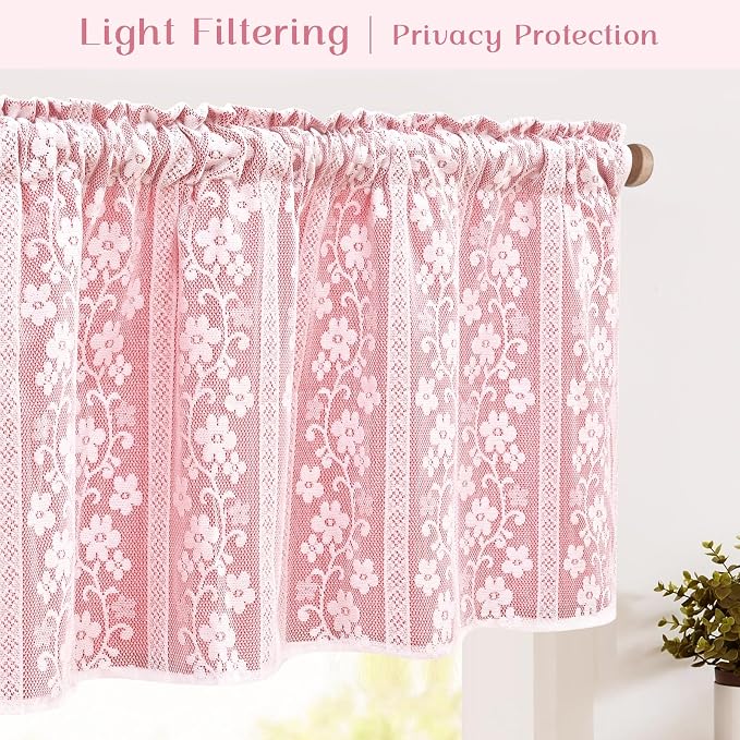 ASPMIZ Pink Valances for Windows Farmhouse Valance Curtains for Kitchen, Double Layer Kitchen Curtains with Linen Lace, Rod Pocket Window Valances for Small Window, Cafe, Bathroom, Living Room, 52x18
