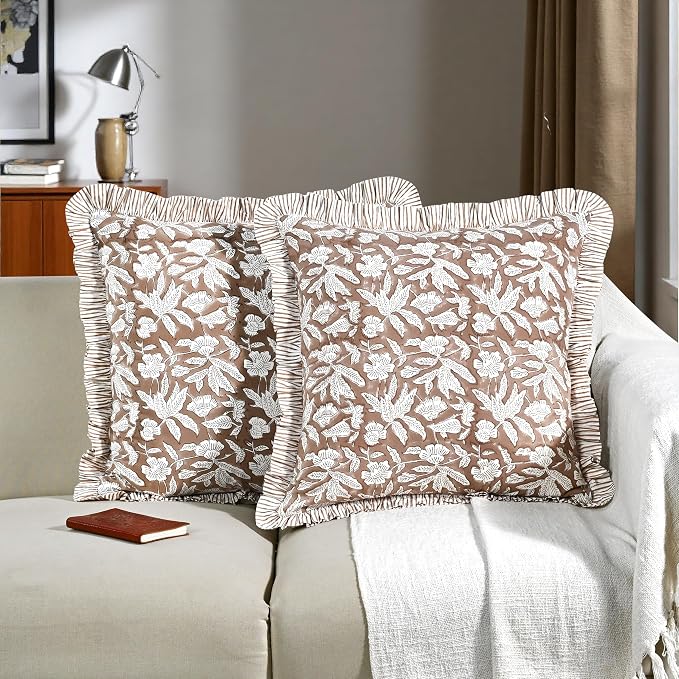 Ridhi Block Print Oak Brown Throw Pillow Cover 24" x 24" (Pack of 2) Decorative Cushion Covers with Ruffle for Couch, Sofa, Bed, Living Room, Home Decor Gift for Spring, Easter, Valentine