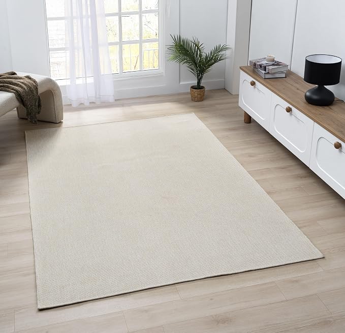 Angela Easy Jute Indoor Outdoor Rug, 8x10 Natural Solid Jute Look, Polyester, Durable & Easy Care Outdoor Farmhouse Carpet for Patio, Porch, Living Room (8' x 10', Ivory)