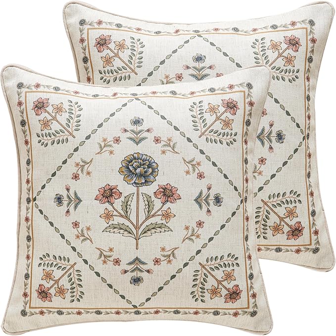 ISAENNE Designer Linen Throw Pillow Cover,Set of 2,18"x18"-Cornucopia B | Elegant French Square Pillow Cover,Concealed Zipper Design,Floral Pattern,Sofas,Bedroom,Living Room,Lounge Chairs
