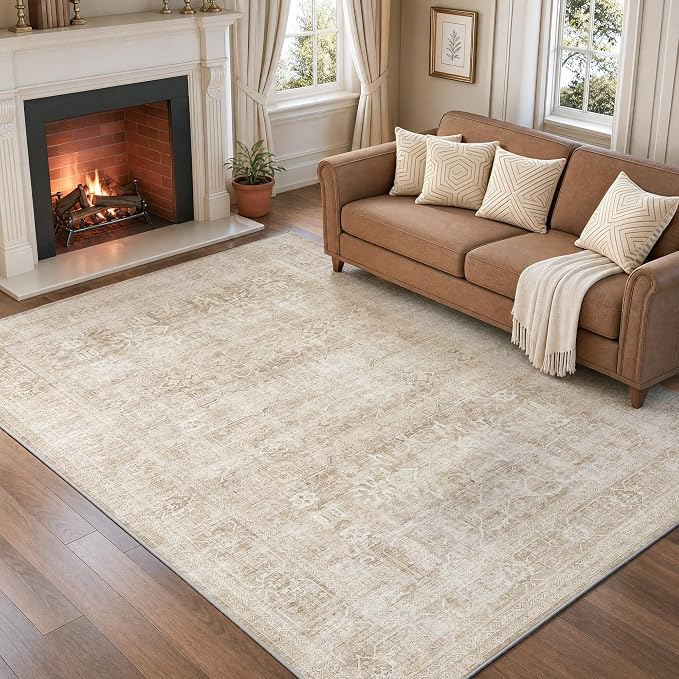 Beauoop 5x7 Washable Beige Neutral Vintage Large Area Rug for Living Room | Distressed Oriental Retro Traditional Non Slip Low Pile Thin Soft Indoor Rug Cream Pattern Bedroom Dining Room Office Nursery