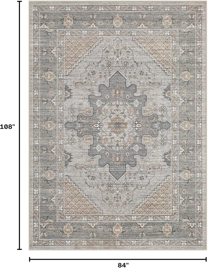 Tortania Area Rug Living Room Rugs - 7x9 Washable Boho Rug Vintage Oriental Distressed Farmhouse Large Thin Indoor Carpet for Living Room Bedroom Under Dining Table Home Office - Brown Gray