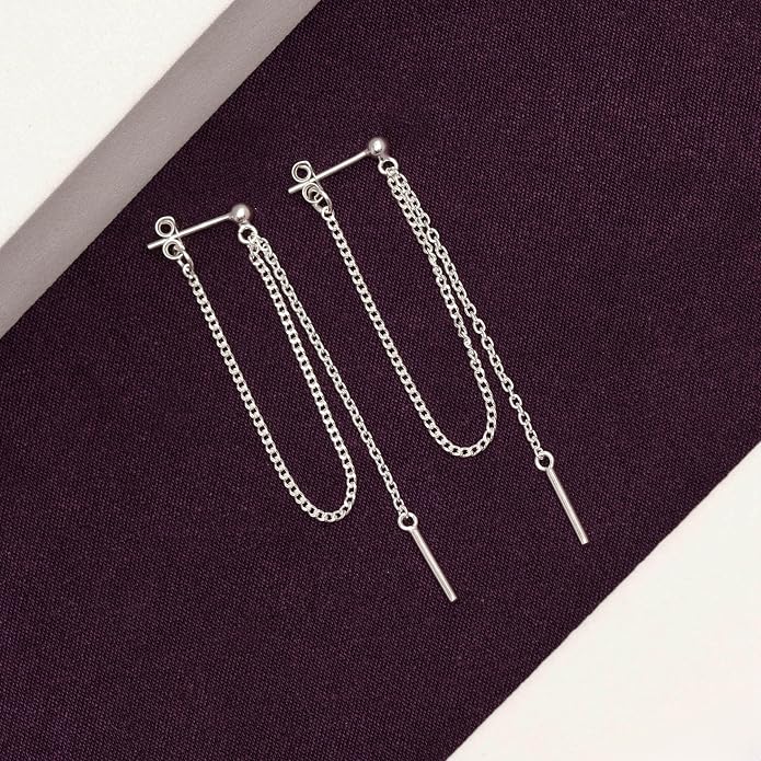 Charmsy 925 Sterling Silver Drop Dangle Earrings for Women | Long Threader Dangle Earrings Chain With Bar 57 MM