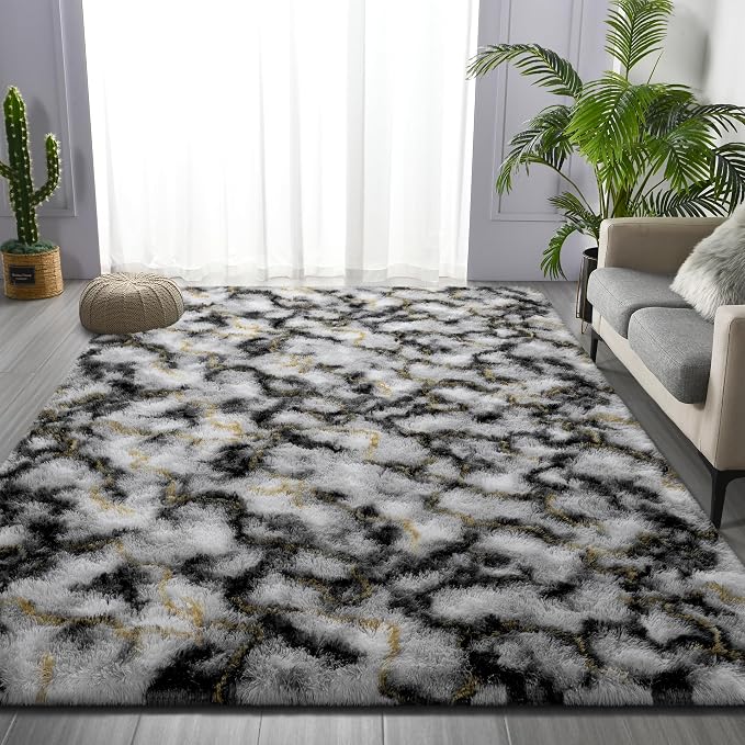 Deerhoo Large Shag Area Rugs 6 x 9, Tie-Dyed Plush Fuzzy Rugs for Living Room, Ultra Soft Fluffy Furry Rugs for Bedroom, Anti-Skid Indoor Carpet Nursery Rugs for Kids Room Home Decor, Black white gold