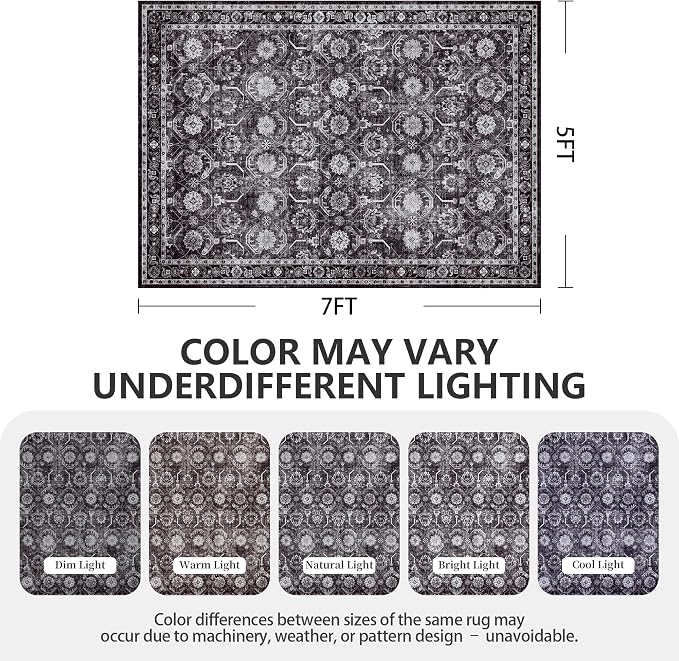 5x7 Area Rugs, Soft Non Slip Low Pile Washable Rug, Boho Modern Rug for Living Room, Bedroom, Dining Room, Black