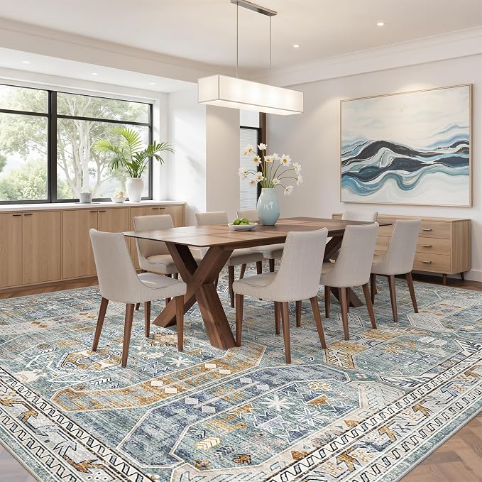 befbee 10x14 Area Rugs,Ultra-Thin Washable Rugs for Living Room,Non-Slip Lightweight Foldable Area Rug,Stain Resistant Vintage Large Rugs(Blue/Gold,10'x14')