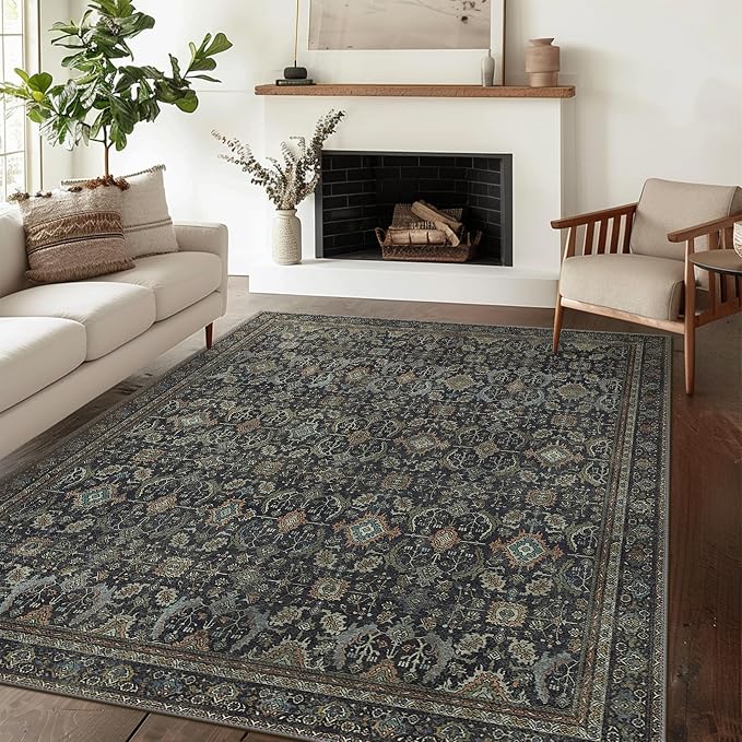 BESBLEE 3X5 Area Rugs Machine Washable Rugs for Living Room, Vintage Boho Large Rugs for Bedroom Dining Room, Non Slip Indoor Soft Distressed Lightweight Thin Low Pile Carpet, Black
