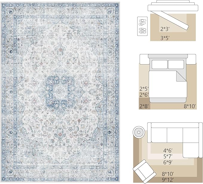 Entryway Rug 2x3 Blue Washable Vintage Entryway Area Rug Distressed Oriental Neutral Non Slip Low Pile Door Mat Soft Retro Small Throw Thin Indoor Carpet for Entry Entrance Kitchen Bathroom Bedroom