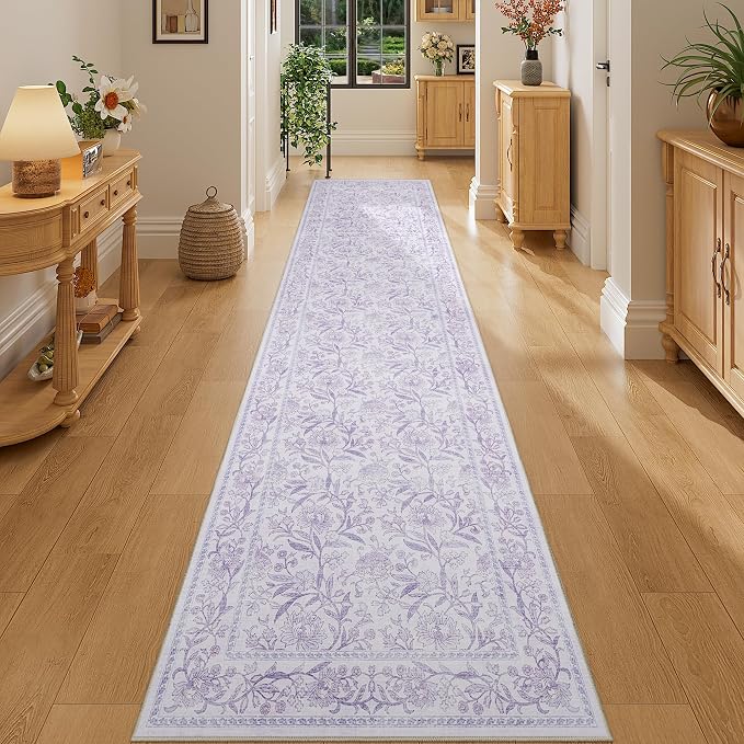 DUKINO 2x10 Runner Rug for Hallway, Washable Vintage Floral Rug, Purple | Non Slip, Low Pile, Non-Shedding, Stain Resistant Soft Long Runner Carpet for Kitchen Bathroom Entryway Bedroom Farmhouse
