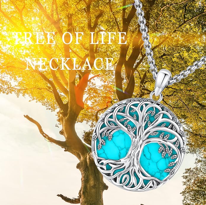 Jewelry Gifts - Tree of Life Necklace Sterling Silver Abalone Shell/Opal/Moonstone/Black Onyx/Turquoise/Malachite/Crystal Family Tree of Life Jewelry for Women Men