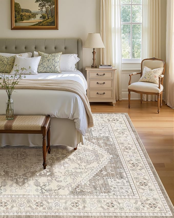 8x10 Vintage Area Rug: Washable Neutral Soft Non Slip Thin Large Floor Carpet for Living Room Bedroom Kitchen Dining Room Home Office Farmhouse Indoor - Brown