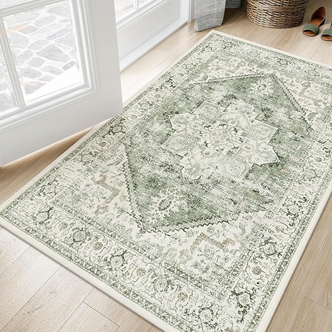 LIVEBOX Sage Washable Vintage Area Rug 3x5 Non-Slip | Low-pile design, machine washable, distressed print, perfect for entryway, bedroom, kitchen, foyer and laundry room