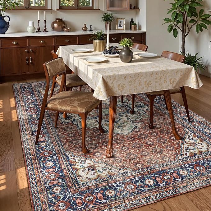 Washable Area Rug 3' x 5 ' Vintage Traditional Persian Mat - Foldable Distressed Non-Slip Machine Washable Carpet for Living Room Bedroom Kitchen Home Decor - Terracotta and Navy