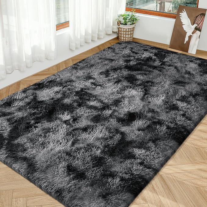 Soft Shaggy Rugs for Bedroom Living Room, 6x9 Tie-Dyed Dark Grey and Black Rug Plush Fuzzy Fluffy Carpet Indoor Modern Shag Area Rug for Kids Room Boys Girls Dorm Nursery Home
