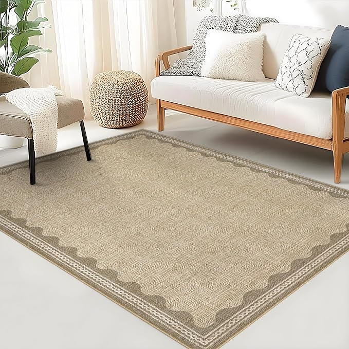 3x5 Scalloped Area Rugs Jute Washable Entryway Bedroom Rug | Solid Tan Rug for Bedroom Girls, Non Slip Throw Carpet With Rubber Back, Soft Dorm Nursery Scalloped Rugs for Dining Room