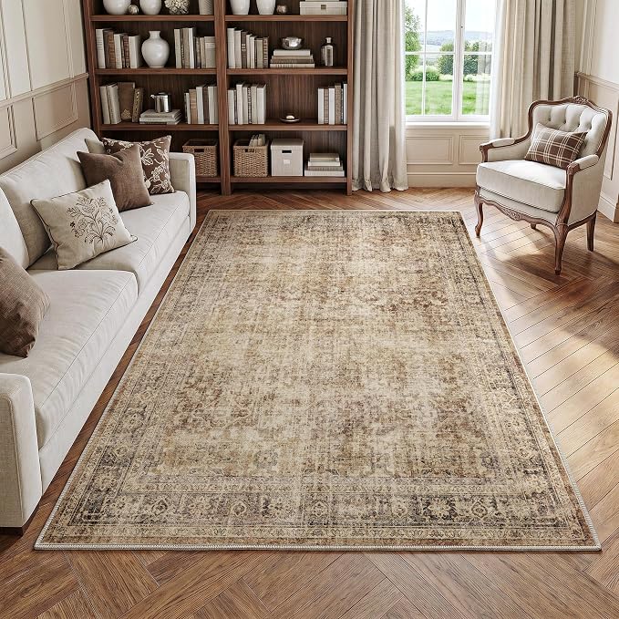 FMFUNCTEX 5x7 Washable Area Rug Brown Neutral Vintage Distressed Oriental Large Non Slip Carpet for Living Room Bedroom Traditional Retro Soft Low Pile Indoor Rugs for Dining Room Office Nursery