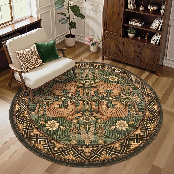GarveeHome Tiger Round Area Rugs for Living Room, 8ft Boho Green Animal Print Circle Rugs Non Slip, Washable Vintage Tribal Floor Carpet for Dining Room Entryway Nursery Playroom Office