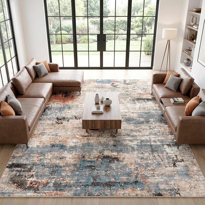 Water Resistant Area Rug Washable Pet Friendly Carpet for High Traffic Living Room Nursery Foldable 0.3 Inch Thin Mat with Cotton-Backed Non-Slip Silicone Backing, Terracotta Blue, 8'x10'