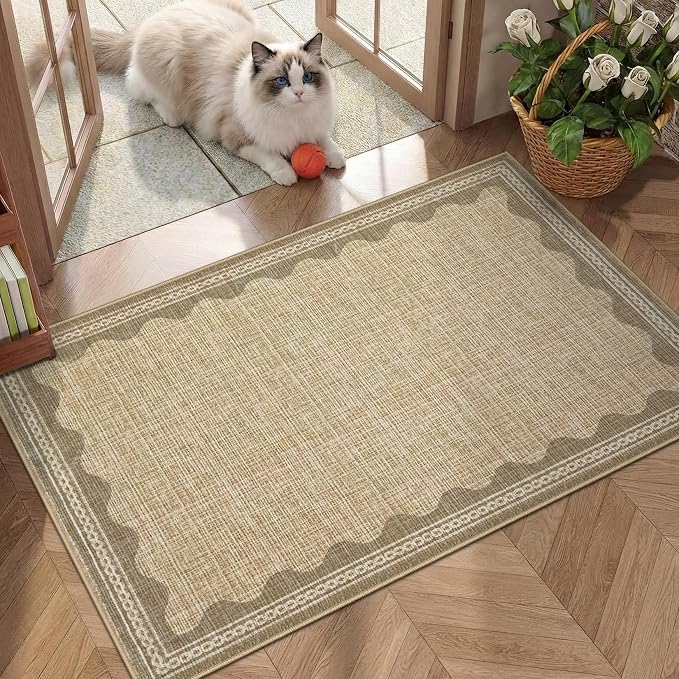 GarveeHome Door Mat Indoor Rugs for Entryway Scalloped Solid Tan Jute Digital Printing Small Rug 2x3 Washable Non-Slip Modern Soft Low-Pile Carpet for Bedroom Kitchen Entrance