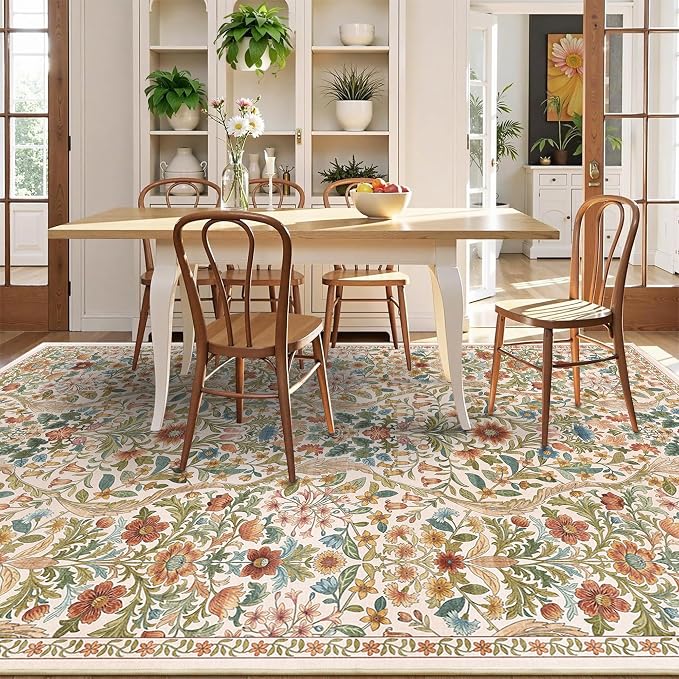 5×8 Area Rugs Beige Washable Floral Rug,Vintage Boho Soft Low-Pile Living Room Rugs, Stain Resistant Botanical Non-Slip Carpet for Bedroom,Dining Room, Kids Nursery,Home Decor