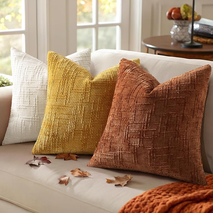 decorUhome Textured Chenille Throw Pillow Covers 20x20 Set of 2 Rust | Fall Modern Farmhouse Soft Cozy Slubby Couch Pillow Cases Boho Decorative Pillow Cases for Bed Sofa Living Room Home Decor
