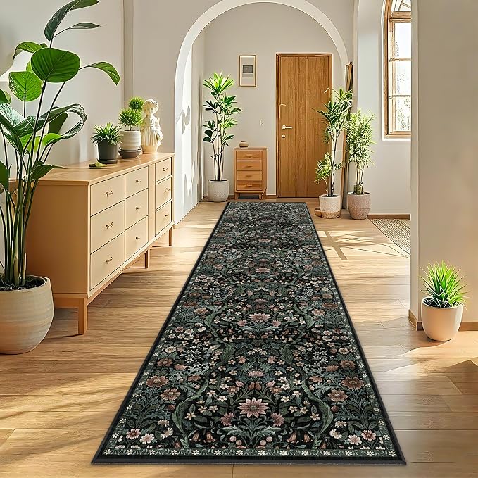 3x12 Washable Runner Rug,Black Floral Long Rugs for Hallway,Low-Pile Non-Slip Stain Resistant Boho Carpet for Kitchen, Bedside,Laundry Room,Entryway