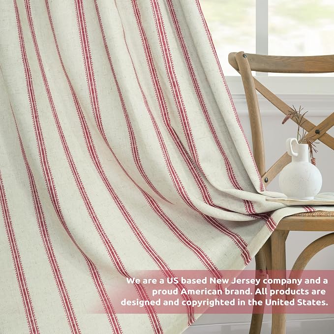DriftAway Farmhouse Stripe Blackout Curtains, W52xL63, Red | Blackout, Linen Texture, Stripe Pattern, Rod Pocket & Back Tab, Two Layers, Bedroom Living Room Use, Sound Reducing Design
